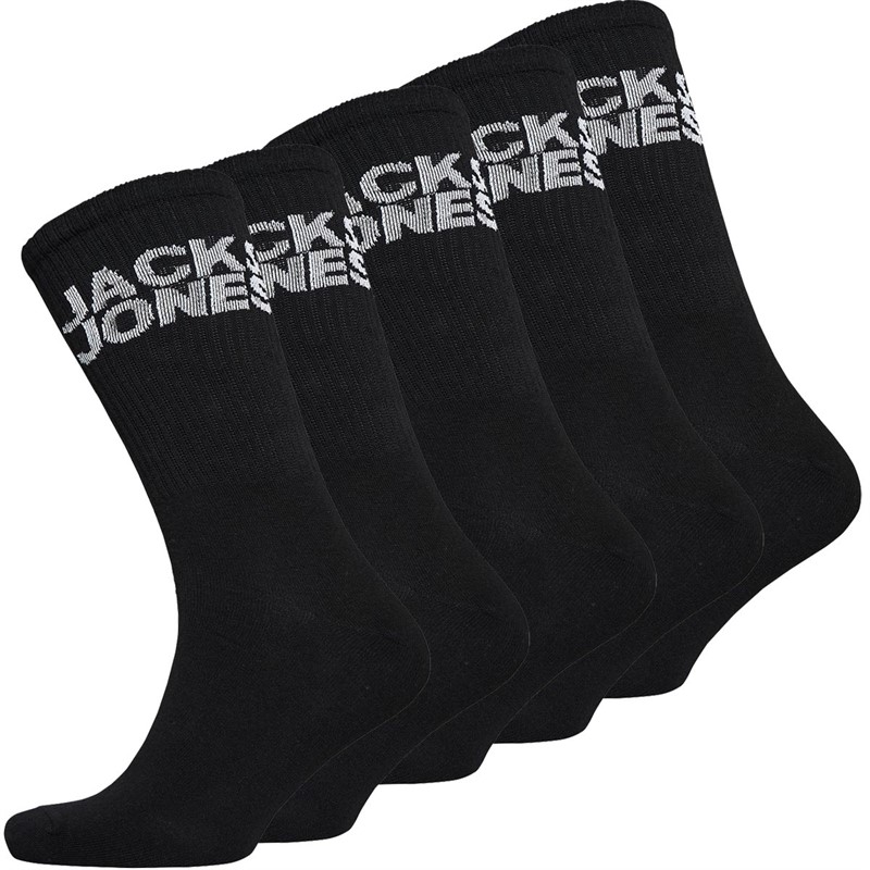 JACK AND JONES Mens Logo Basic Five Pack Crew Socks Black