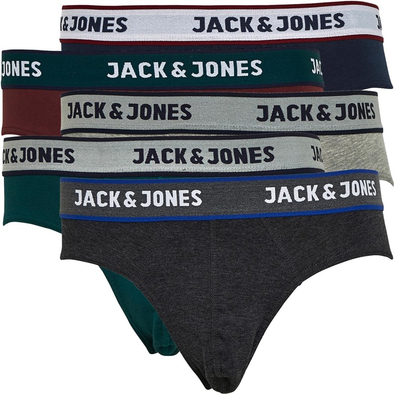 JACK AND JONES Mens Solid Five Pack Briefs Port Royale/Sea Moss/Light Grey Marl/Dark Grey Marl/Navy Blazer