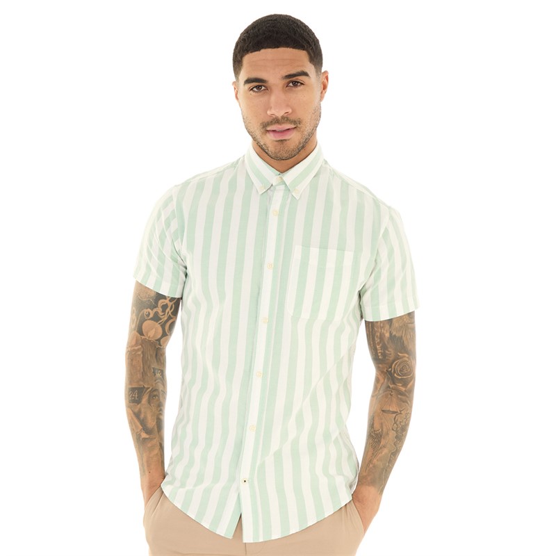 JACK AND JONES Mens Short Sleeve Oxford Stripe Shirt Granite Green