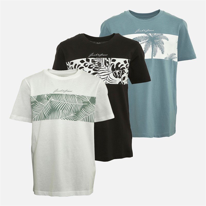 JACK AND JONES Boys Floral Brand Three Pack T-Shirts White/Ashley Blue/Black