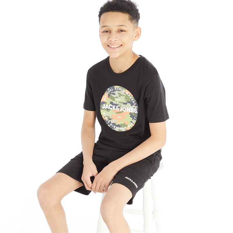 JACK AND JONES Boys Pete Camo T-Shirt And Shorts Set Black/Orange