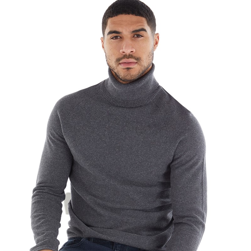 Buy JACK AND JONES Mens Hill Knitted Roll Neck Jumper Dark Grey Melange