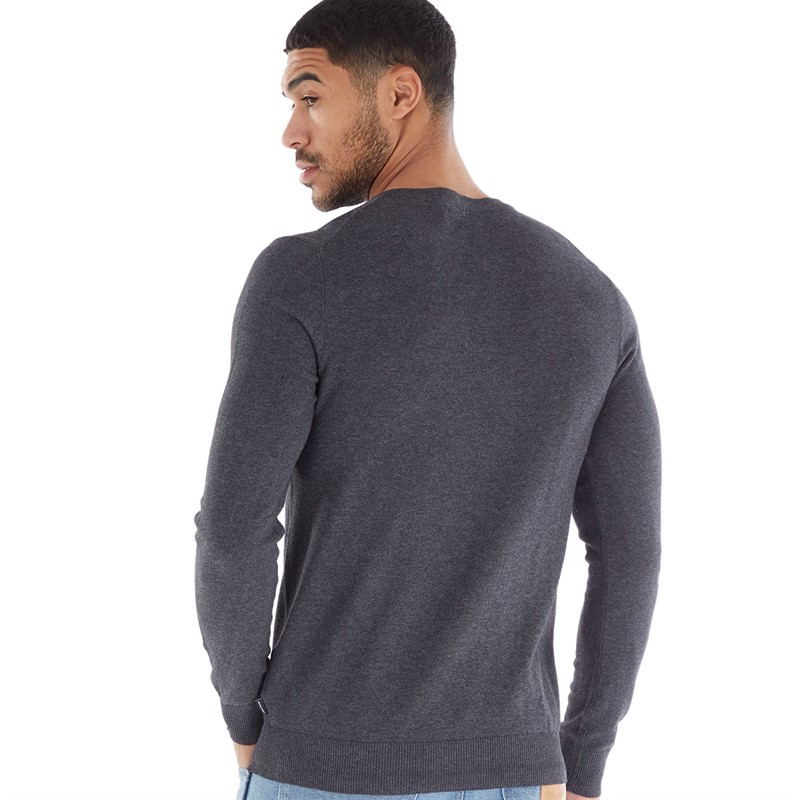 JACK AND JONES Mens Emil Knitted V-Neck Jumper Dark Grey Melange