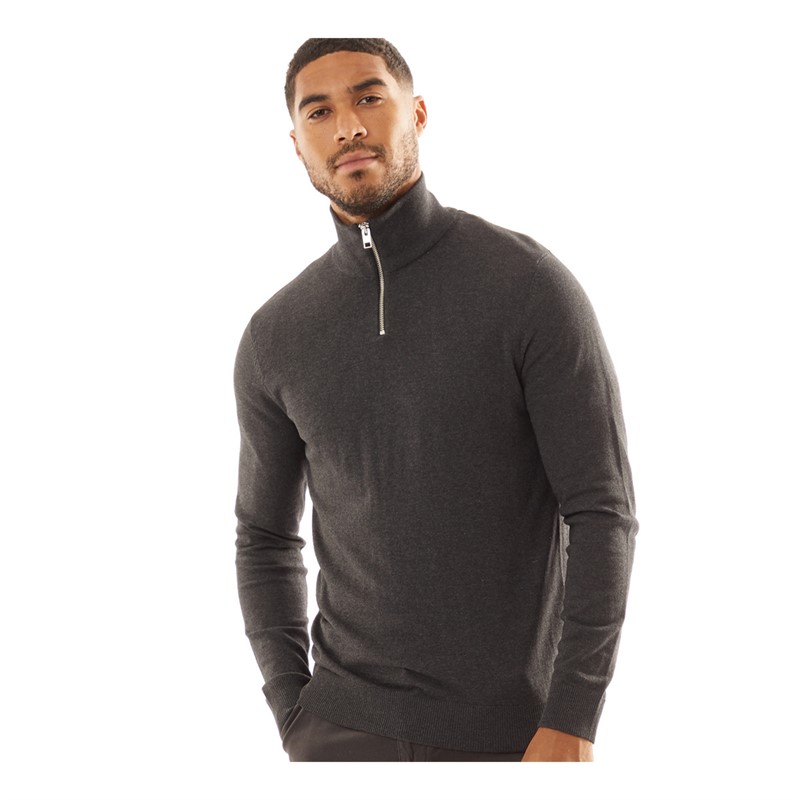 JACK AND JONES Pullover Homme Emil Knit 1/2 Zip Gris Foncé Mel