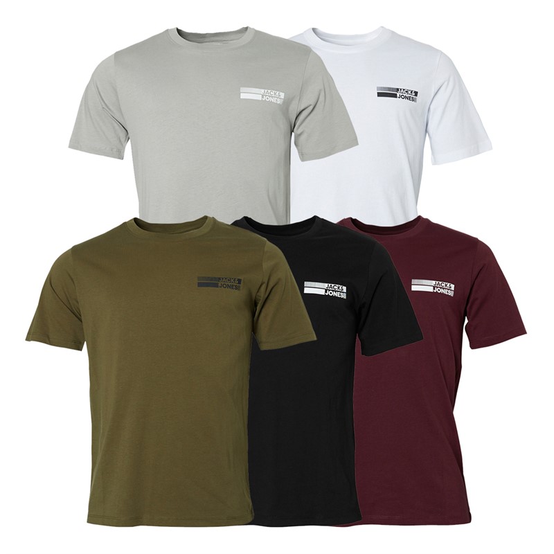 JACK AND JONES Herensport T-shirts 5-Pack Zwart/Wit/Port Royale/Olijfgroen/Grijze Tinten