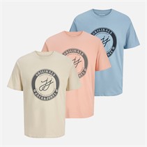 JACK & JONES Mens Theo Three Pack T-Shirts Coral Almond/Mountain Springs/Moonbeam