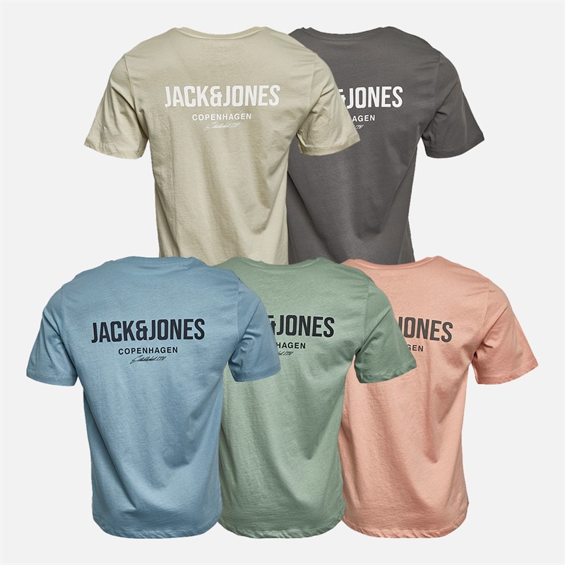 JACK & JONES T-Shirts Herren Jeff Orion Fünfer Pack Mondlicht/Burgfels/Bergquelle/Korallen Mandel/Eisberg Grün