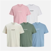 JACK & JONES Mens Vesterbro Five Pack T-Shirts White/Pink Nectar/Moonbeam/Laurel Wreath/Mountain Spring