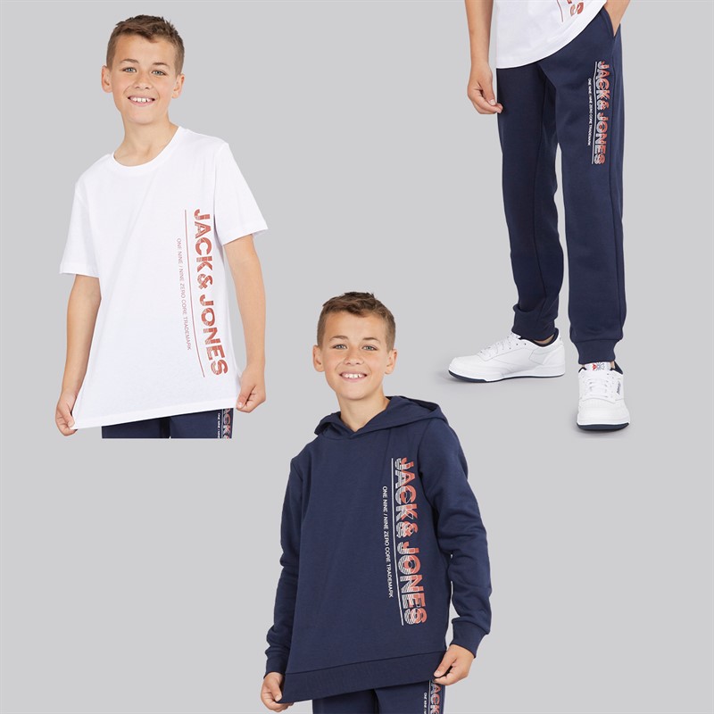 JACK & JONES Ensemble Garçon structuré trois pièces sweat à Capuche, t-shirt et jogging Bleu Marine pattern - Size 12-13Y