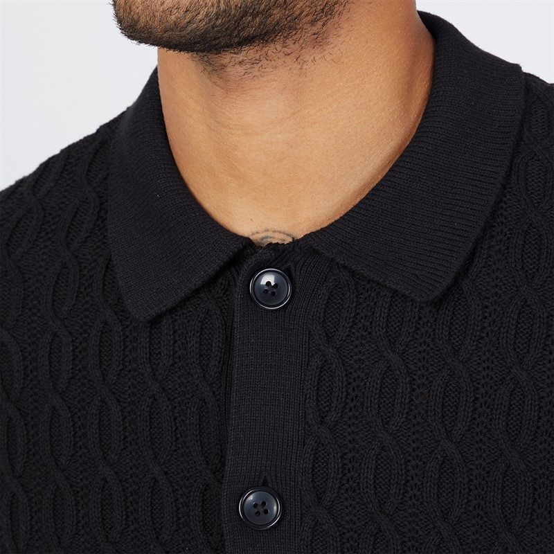 JACK & JONES Mens Winter Cable Knit Polo Black