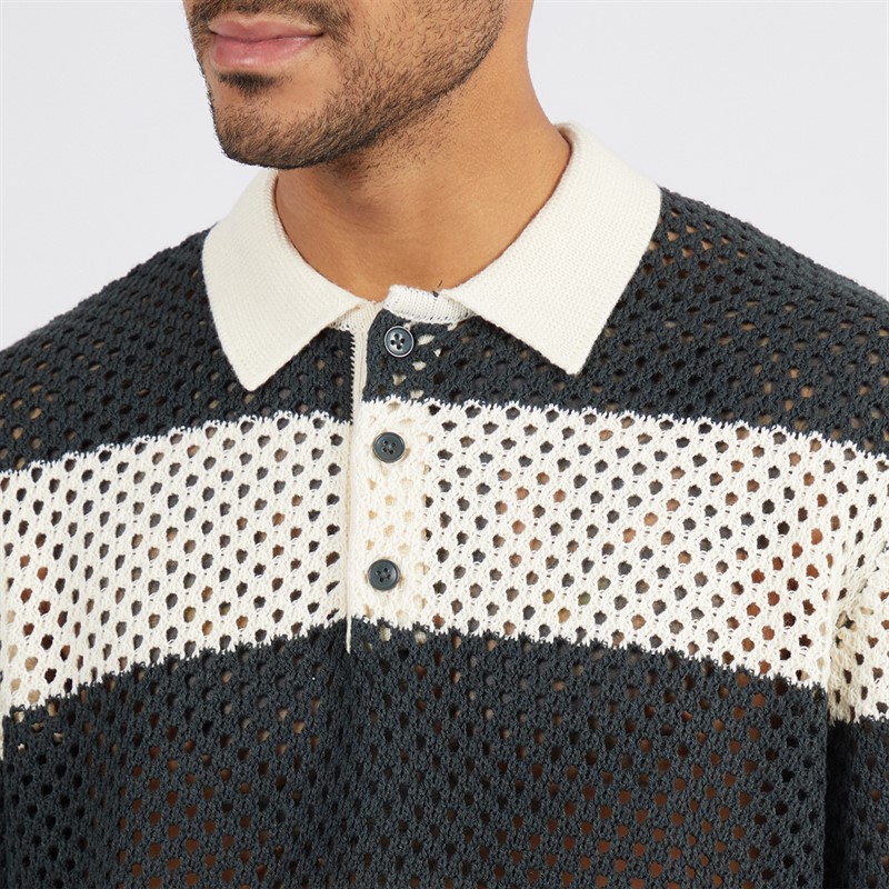JACK & JONES Mens Winter Knitted Structured Polo Buttercream Stripes Forest River