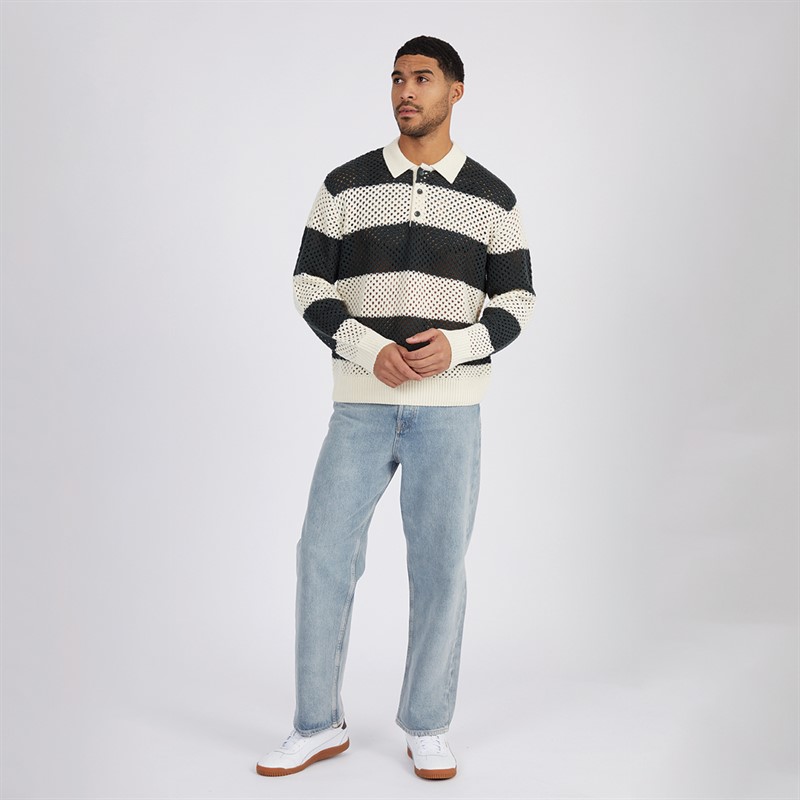 JACK & JONES Mens Winter Knitted Structured Polo Buttercream Stripes Forest River