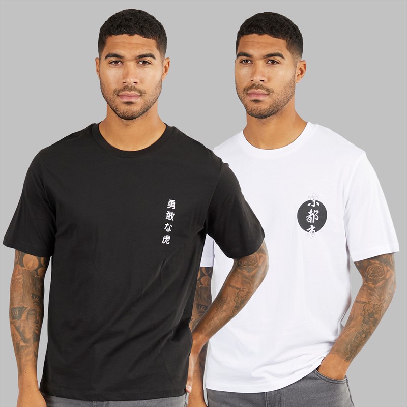 JACK & JONES Mens Relaxed Fit Back Print Two Pack T-Shirts Black/White