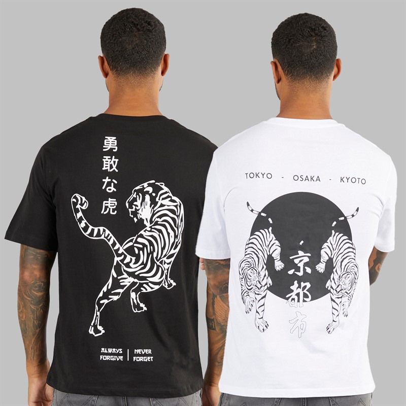 JACK & JONES Mens Relaxed Fit Back Print Two Pack T-Shirts Black/White