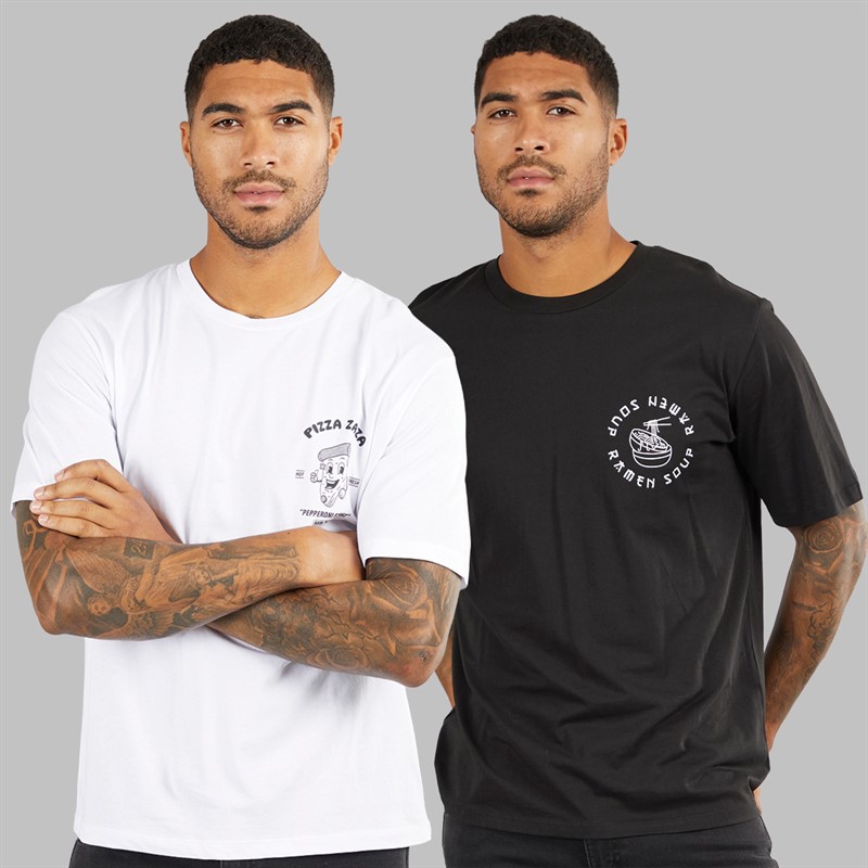 JACK & JONES Mens Relaxed Fit Back Print Two Pack T-Shirts Black/White