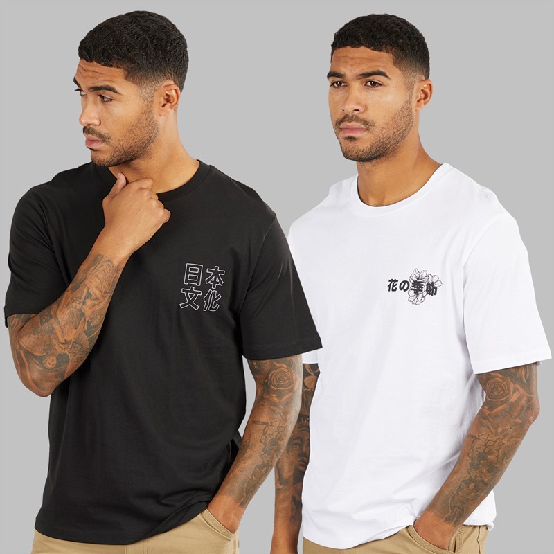 JACK & JONES Mens Relaxed Fit Back Print Two Pack T-Shirts Black/White