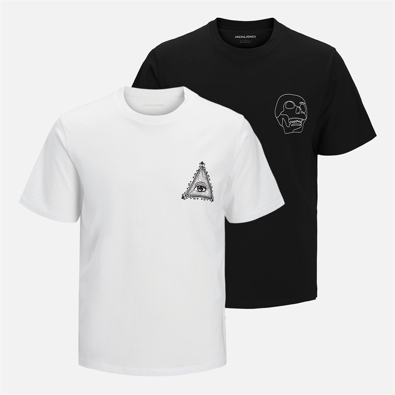 JACK & JONES Mens Relaxed Fit Back Print Two Pack T-Shirts Black/White - Size S