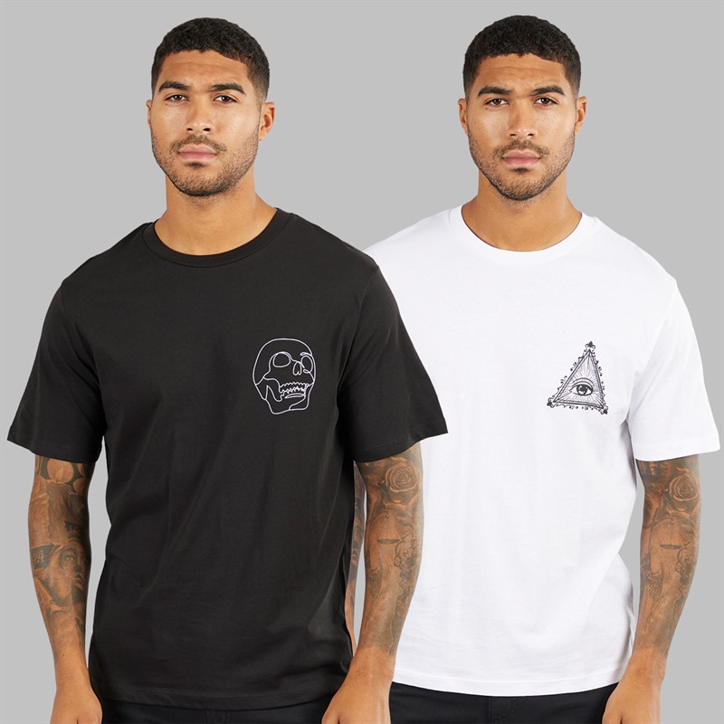 JACK & JONES Mens Relaxed Fit Back Print Two Pack T-Shirts Black/White
