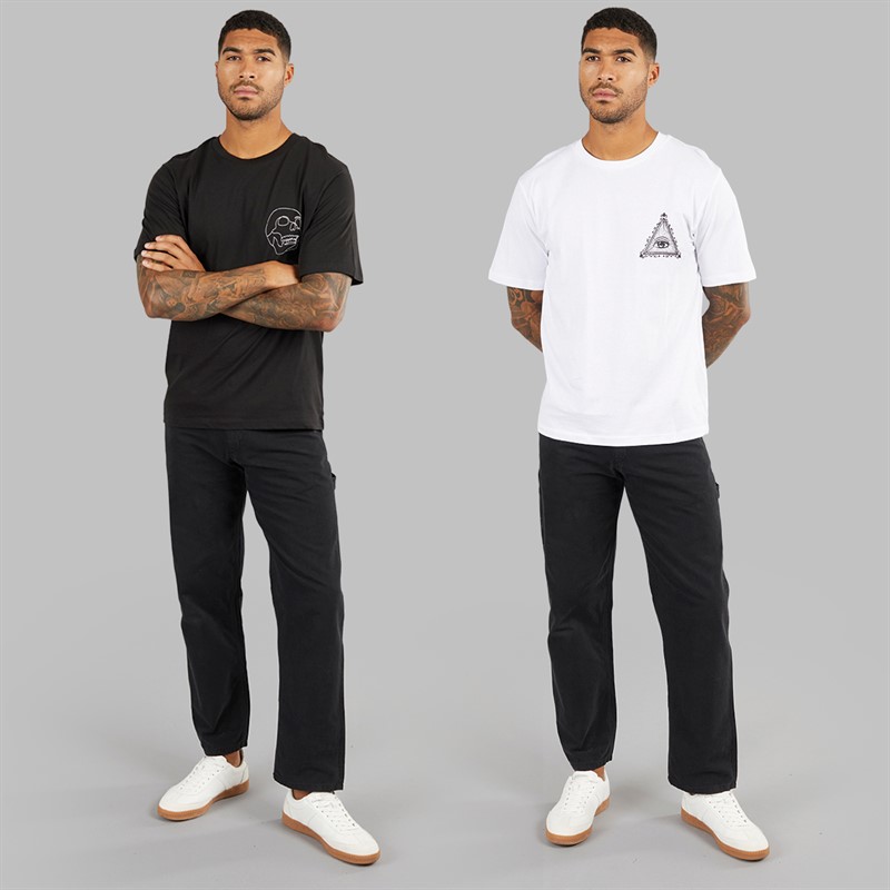 JACK & JONES Mens Relaxed Fit Back Print Two Pack T-Shirts Black/White