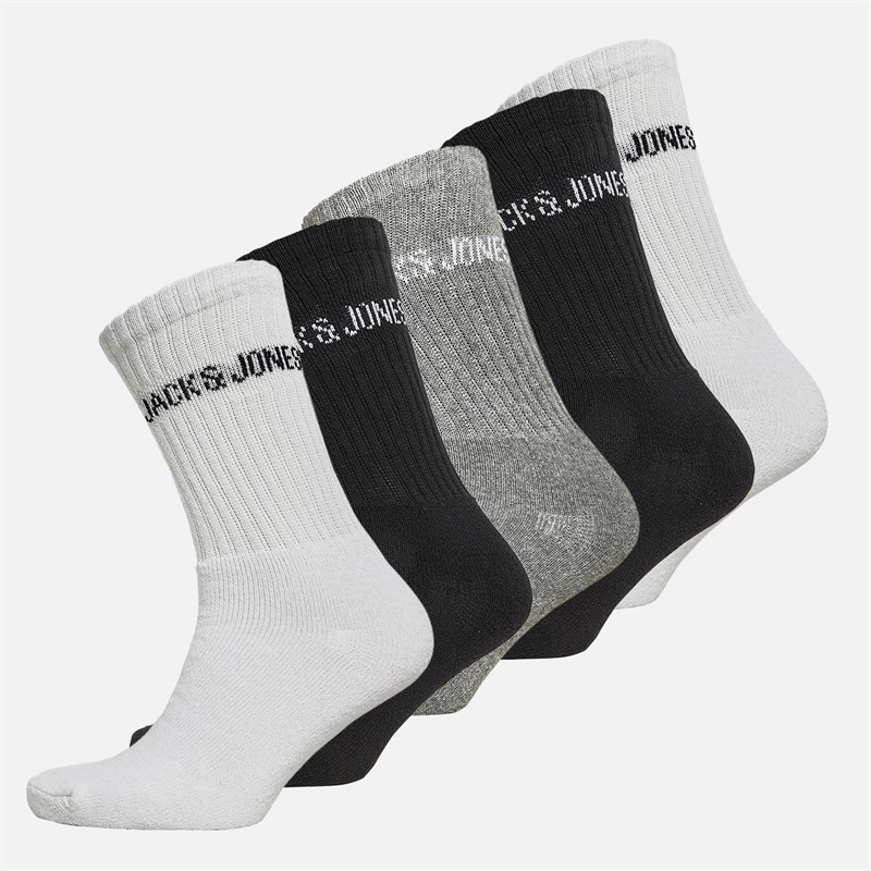 JACK & JONES Mens Regen Five Pack Crew Socks Light Grey Melange/White/White/Black/Black