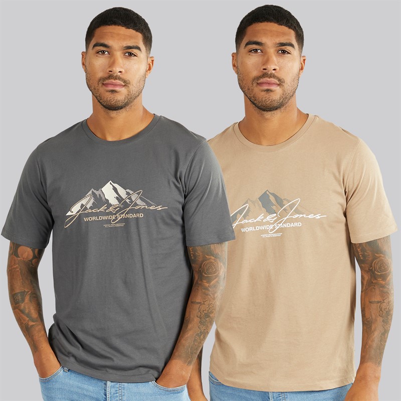 JACK & JONES Herren Cover Mountain Zweierpack T-Shirts Asphalt / Silver Mink