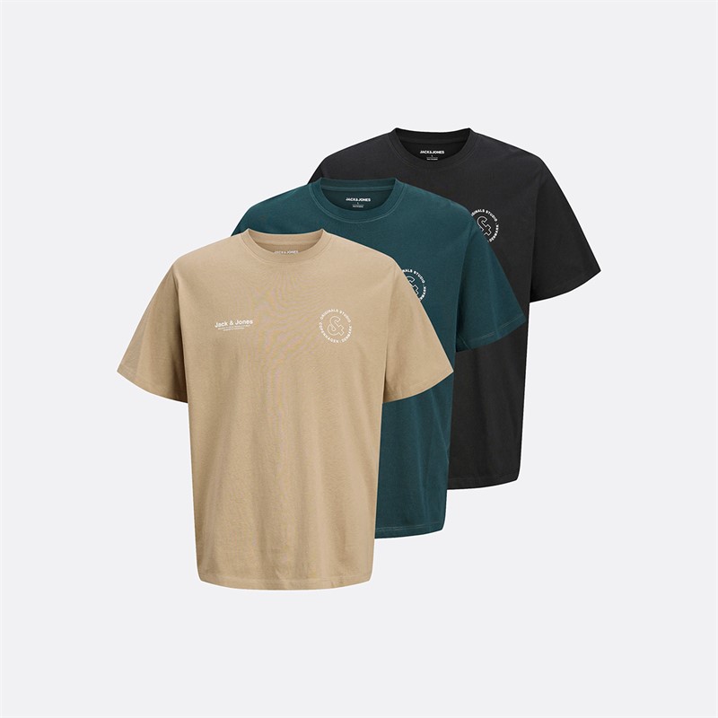JACK & JONES Herren Vesterbro Sport Drei er Pack Locker Sitzende T-Shirts Insignia Blau / Silber Salbei / Magischer Wald