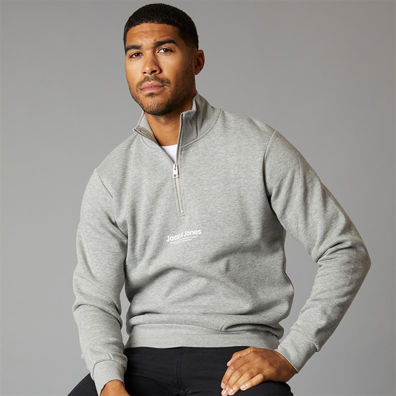 JACK & JONES Mens Vesterbro 1/4 Zip Sweatshirt Light Grey Melange/Black - Size XS