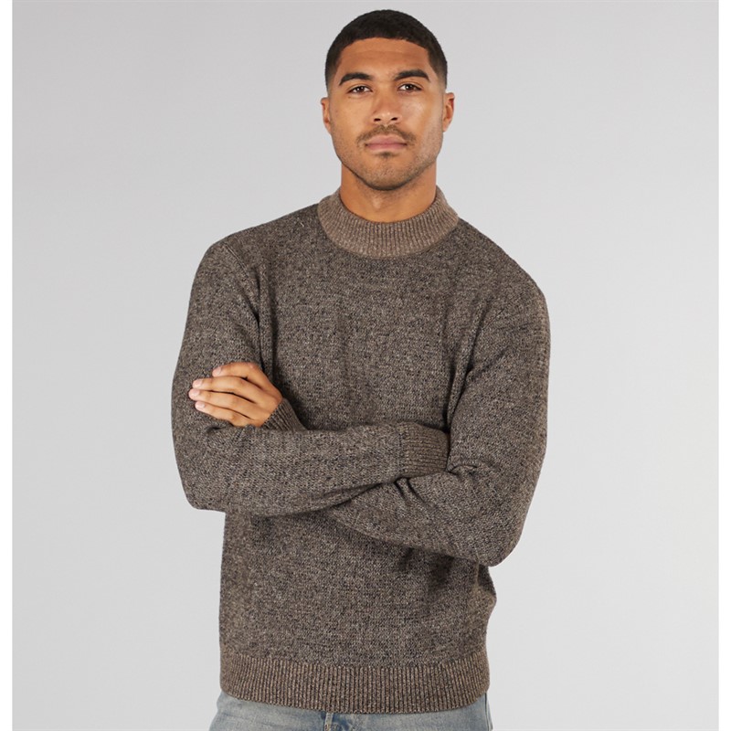 JACK & JONES Mens Space Knit Mock Neck Jumper Seal Brown/Black Neps