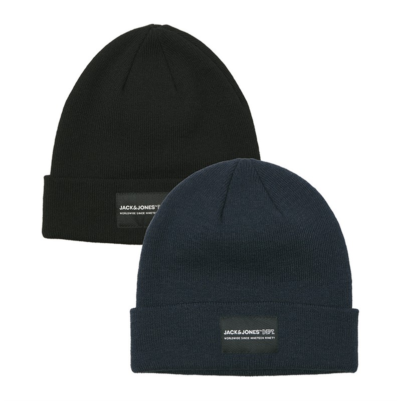 JACK & JONES Mens Jacray Two Pack Beanie Black/Navy Blazer - Size OS