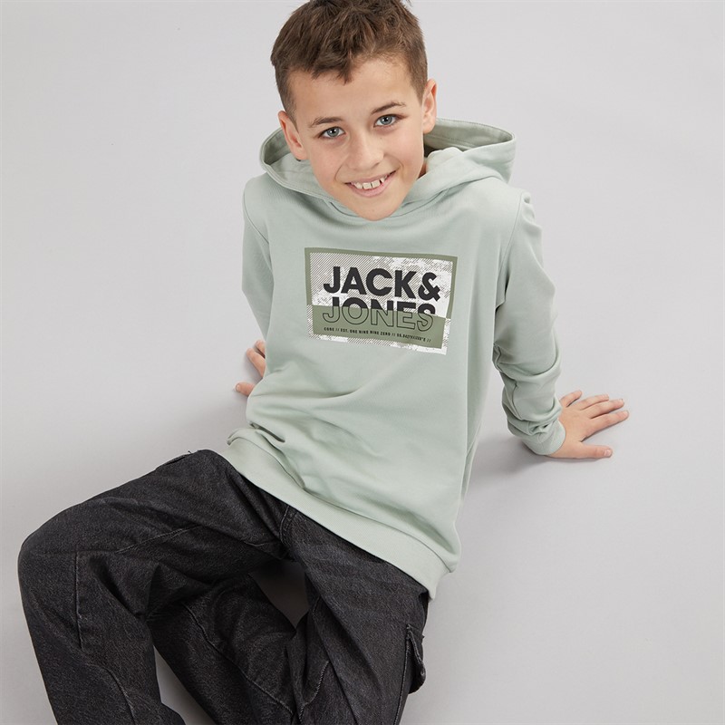 JACK & JONES Boys Logan Print Hoodie Aqua Gray