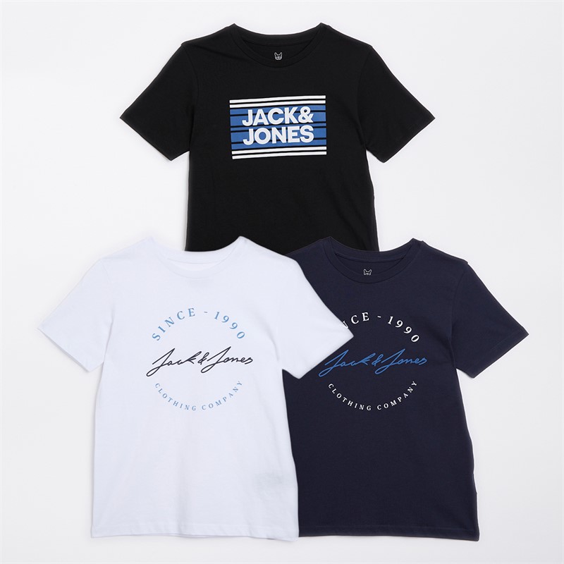 JACK & JONES Junge 3er-Pack T-Shirts Weiss / Schwarz / Marineblau / Kobalt