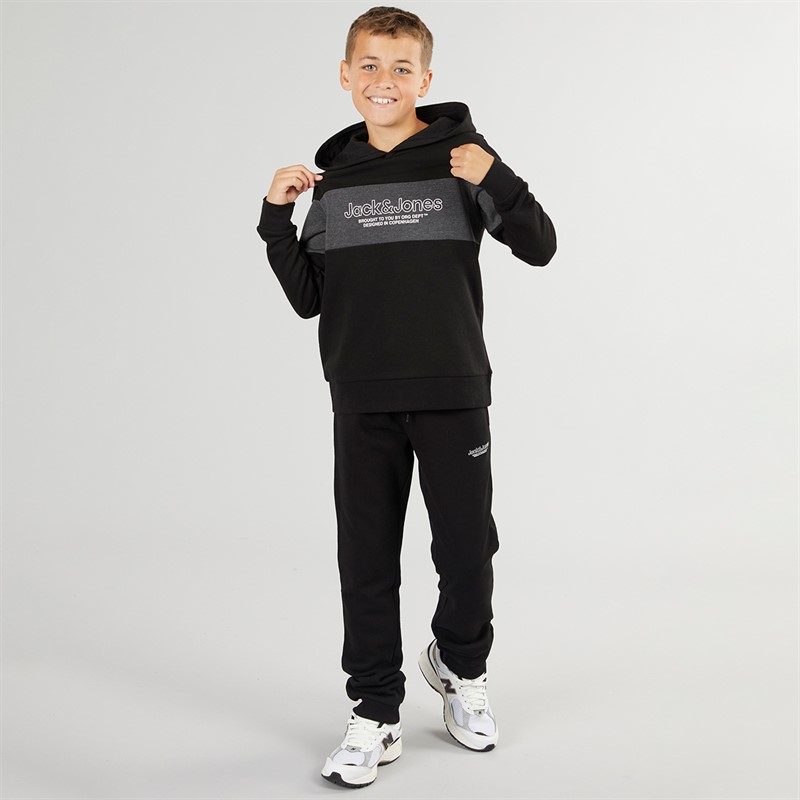 JACK & JONES Junge Lakewood Hoodie und Jogginghose Trainingsanzug Schwarz/Dunkelgrau Melange Panel