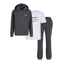JACK & JONES Jongens Niko Hood Driedelig Trainingspak En T-shirt Set Asfalt / Wit