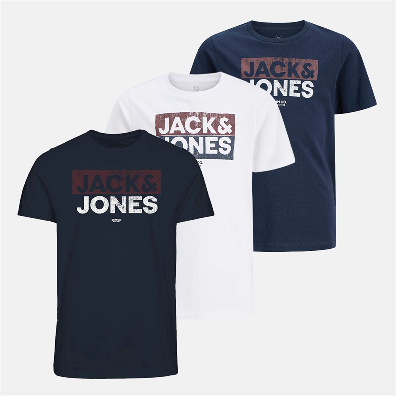 JACK & JONES Jongens Atfal Drie Pak T-shirts Kobalt Blauw / Wit / Marine Print - Maat 8-9Y