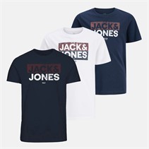 JACK & JONES lot de 3 T-shirts Garçon Atfal Bleu Cobalt/Blanc/Imprimé Marine