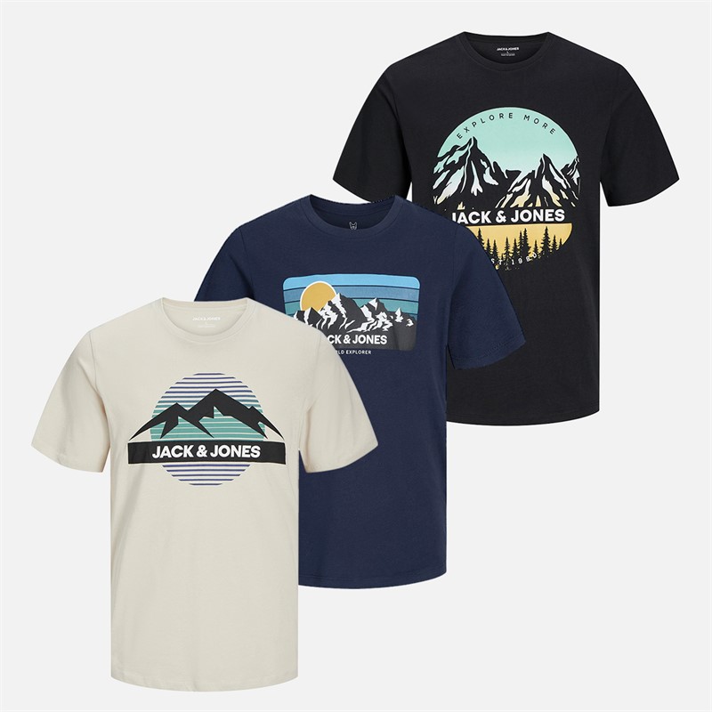 JACK & JONES Jongens Peak Ronde Hals Drie Pak T-shirts Zwart / Moonbeam / Navy - Maat 16-17Y