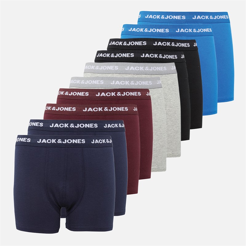 JACK & JONES Boys Ten Pack Trunks Black/Navy/Light Grey Marl/ Port/Cobalt Blue