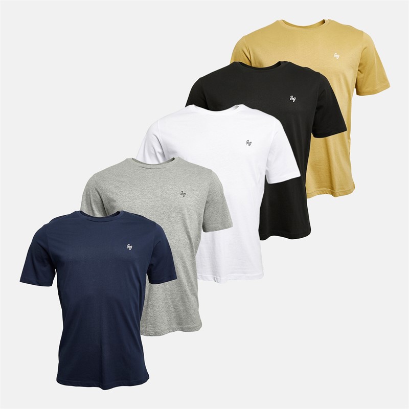 JACK & JONES Mens Joseph Five Pack T-Shirts Navy/White/Grey/Khaki/Black - Size S