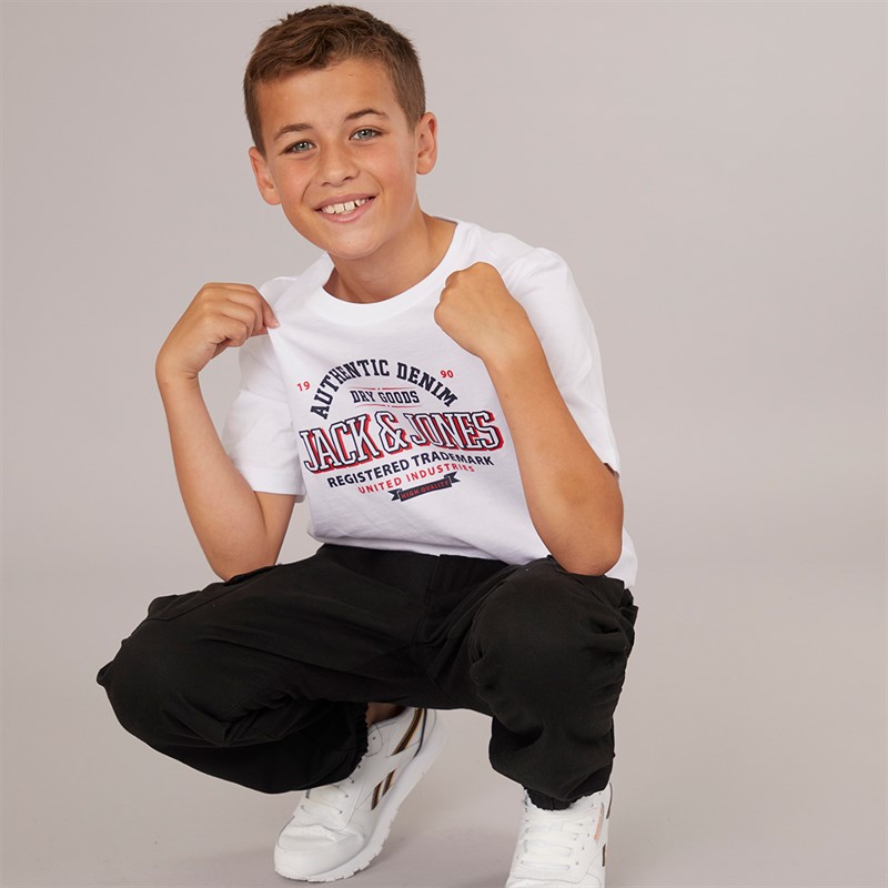 JACK & JONES Boys Logo T-Shirt White Print/Navy Blazer/True Red