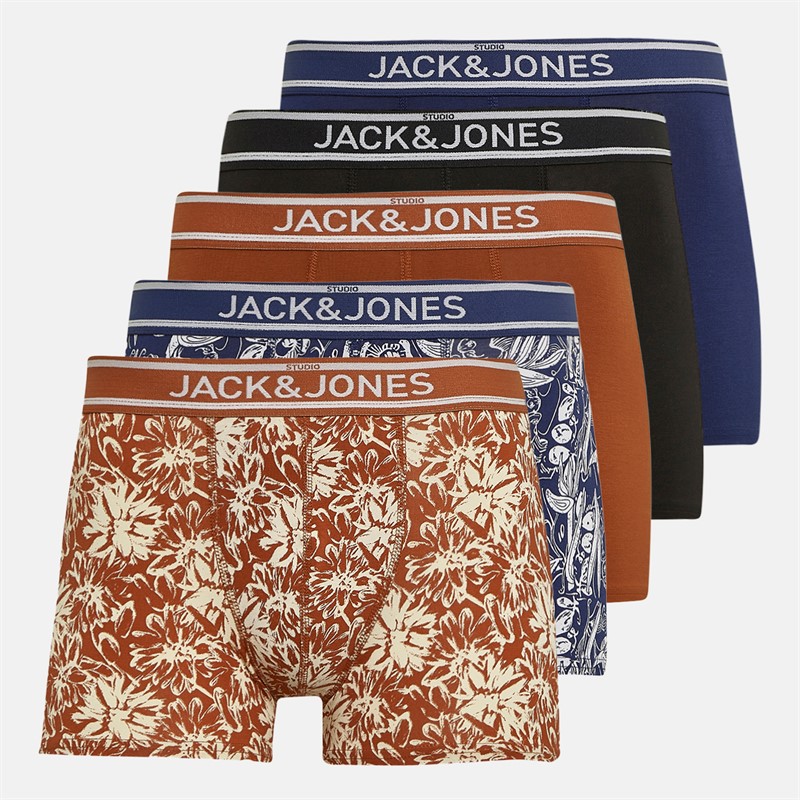 JACK & JONES Mens Retro Flower Five Pack Trunks Ocean Cavern - Size XXL