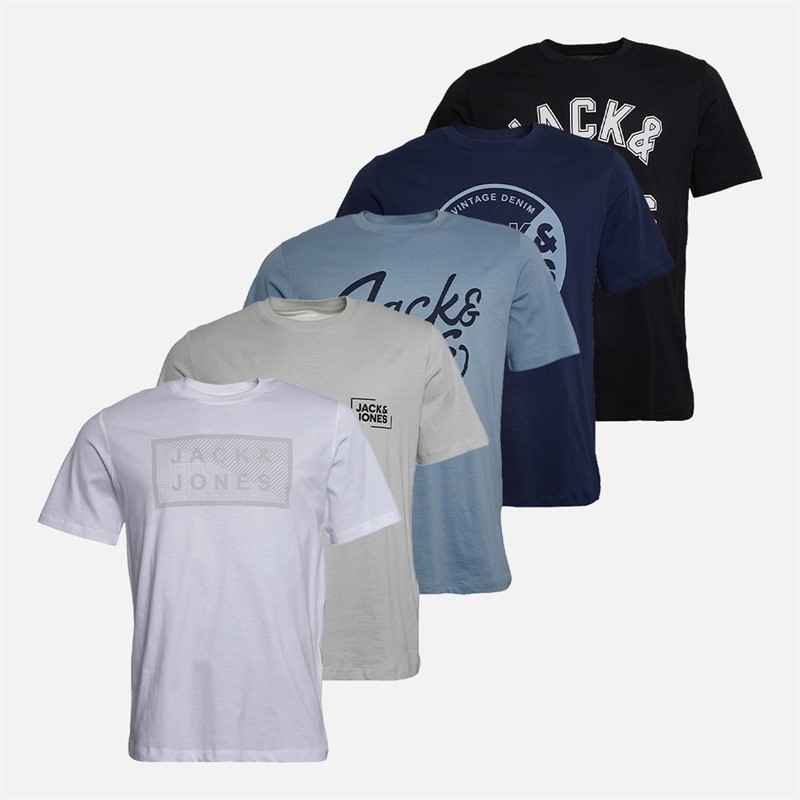 JACK & JONES Mens Five Pack T-Shirts Black/White/Ashley Blue/Glacier Grey/Navy Blazer