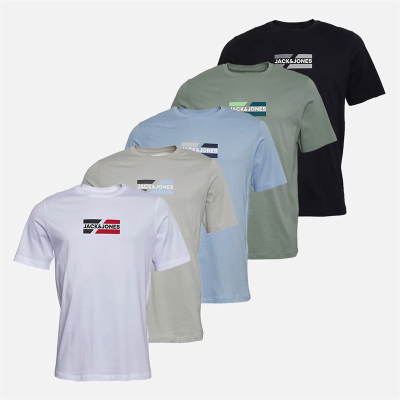 JACK & JONES Herre Slash Fem Pak T-shirts Bright White/Sort/Cashmere Blue/Iceberg Green/Glacier Grey