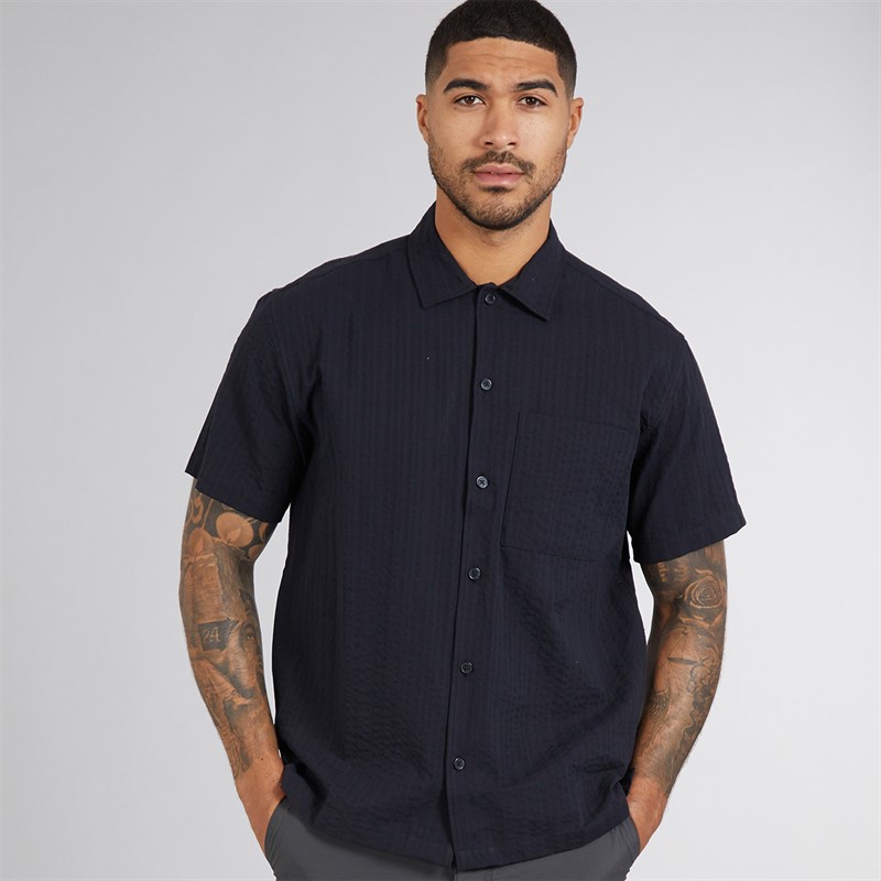 JACK & JONES Mens Eastern Seersucker Short Sleeve Shirt Black Beauty