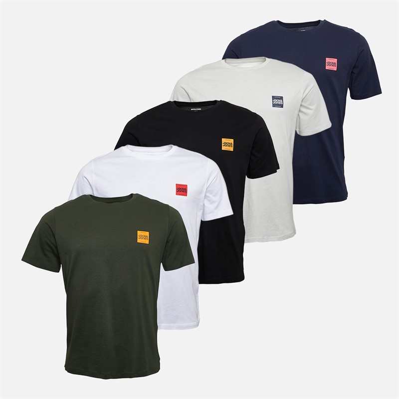 JACK & JONES Mens Brandy Five Pack T-Shirts Black/White/Duffle Bag/Navy Blazer/Glazier Grey