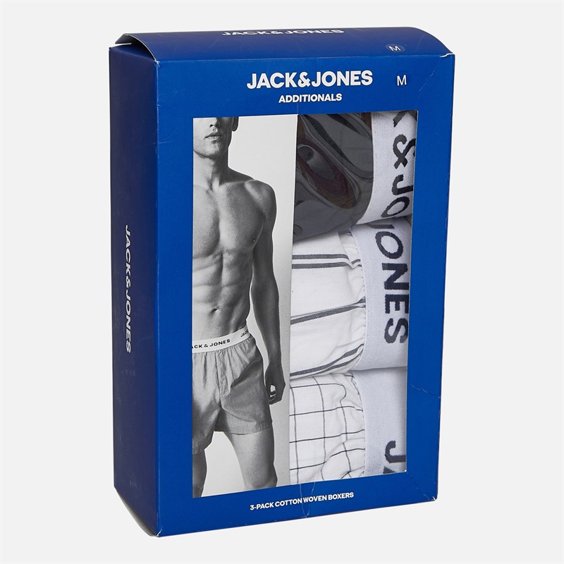 JACK & JONES Mens Betano Three Pack Woven Boxers White/White/Black