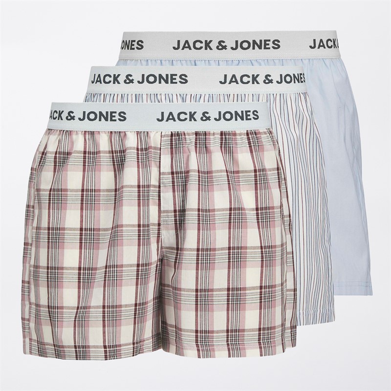 JACK & JONES Mens Jacalvin Three Pack Woven Boxers Skyway/Skyway/Cloud Dancer