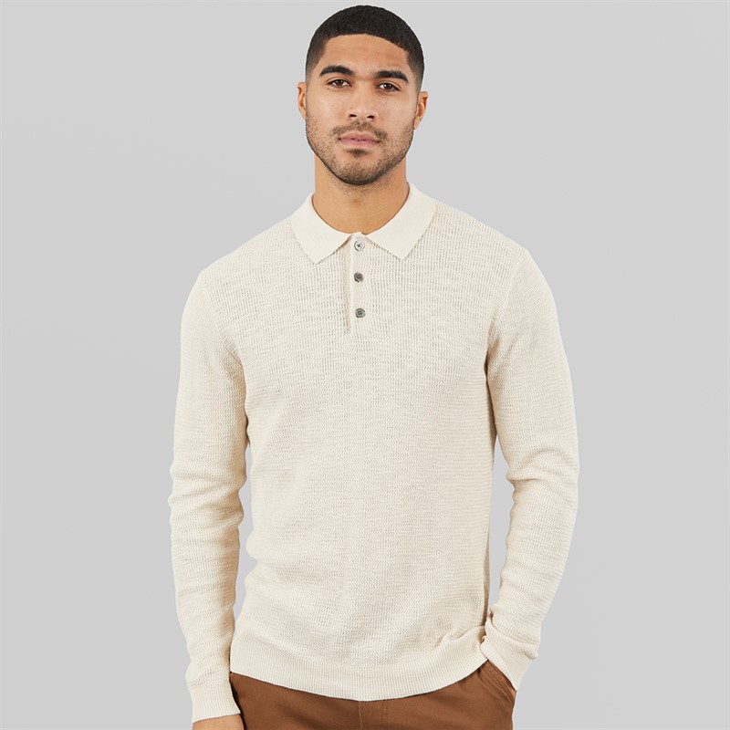 JACK & JONES Mens Cooper Knitted Long Sleeve Polo Shirt Silver Lining Twist