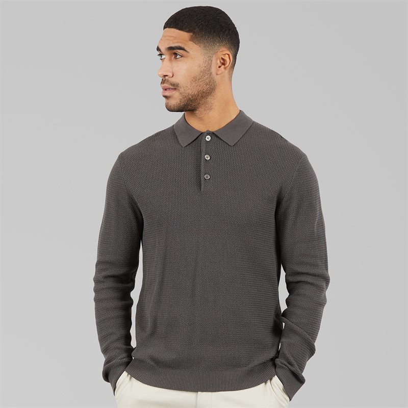 JACK & JONES Mens Cooper Knitted Long Sleeve Polo Shirt Volcanic Ash