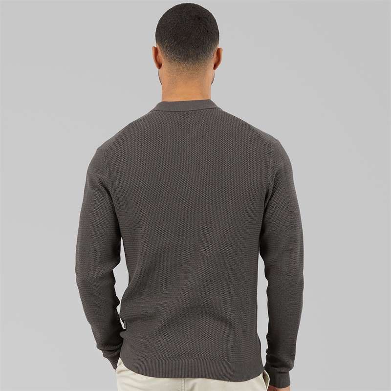 JACK & JONES Mens Cooper Knitted Long Sleeve Polo Shirt Volcanic Ash