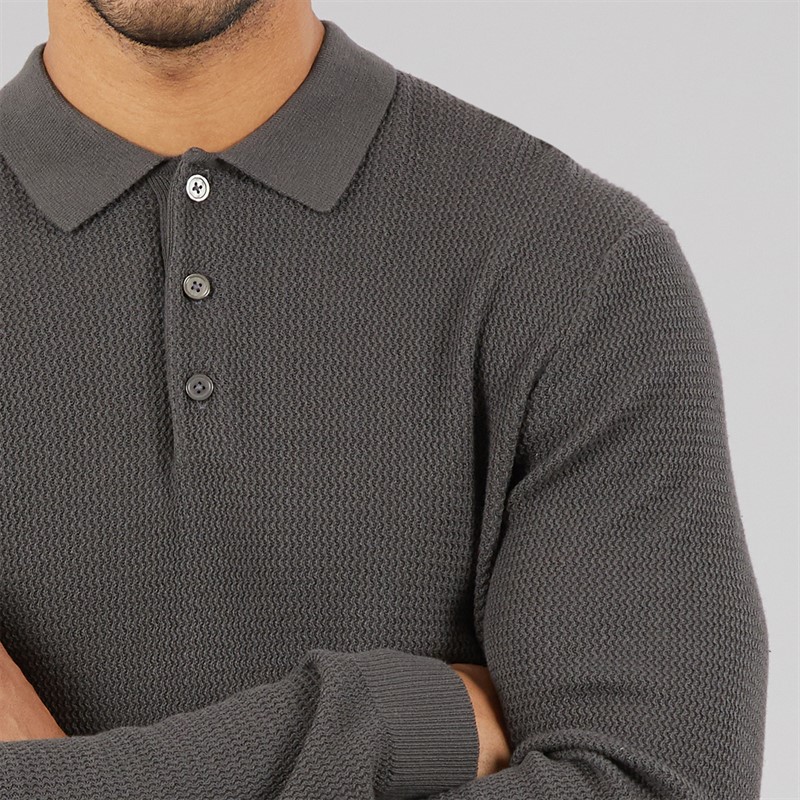 JACK & JONES Mens Cooper Knitted Long Sleeve Polo Shirt Volcanic Ash